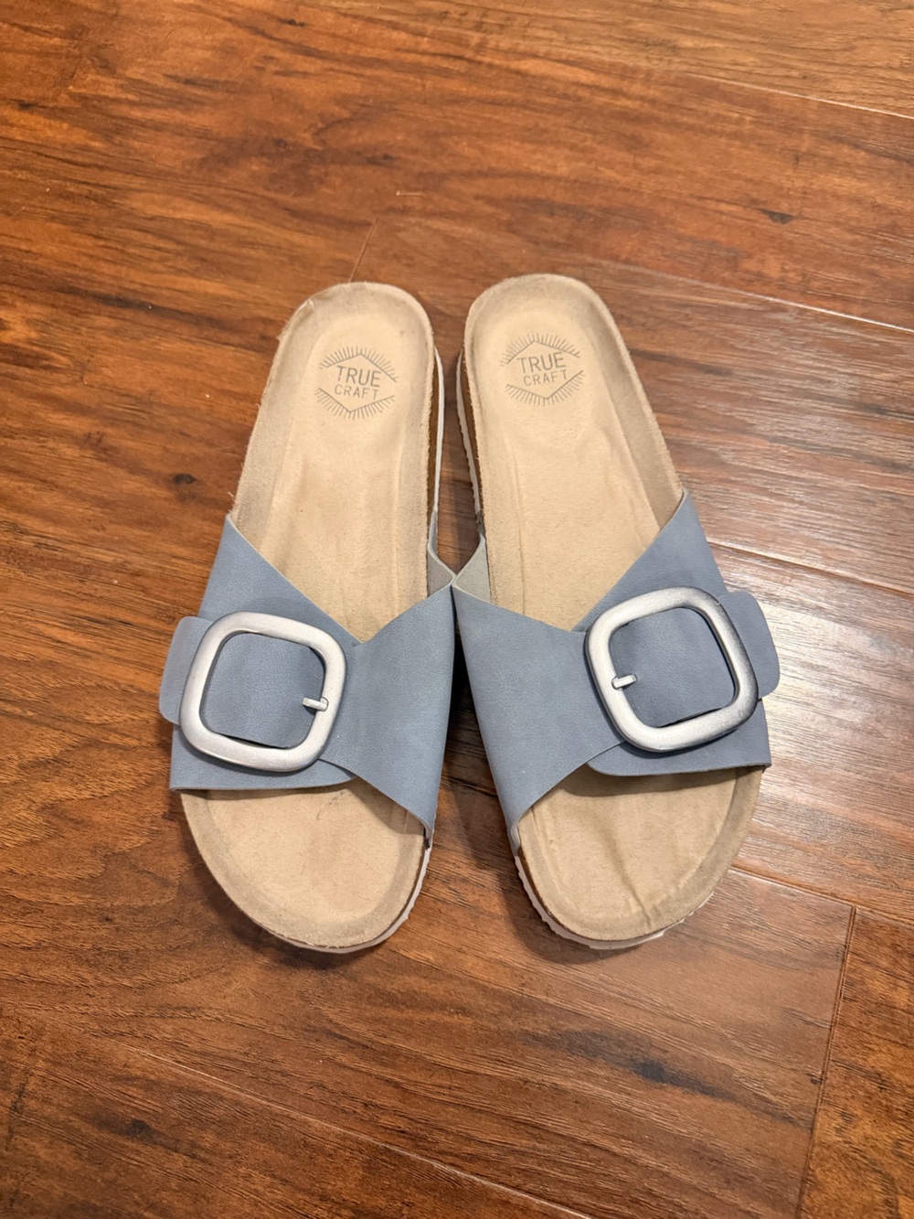 True Craft Women's Slate Blue Slide Sandals with Silver Buckle
